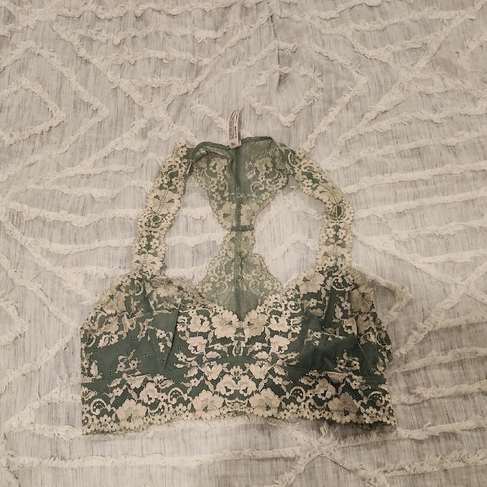 Free People Lace Bralette in Green and Cream Size L!